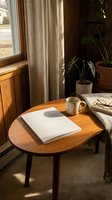 Cozy home office workspace with laptop, coffee mug and plants by sunny window. Warm natural lighting creates peaceful atmosphere for remote work and productivity.