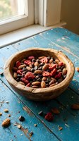 Wooden bowl filled with mixed nuts, almonds, dried cranberries and raisins on rustic blue wooden table near window for healthy snacking and cooking.