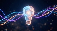 Glowing light bulb with colorful energy waves and digital data streams on dark background representing innovation, creativity and futuristic technology concepts.