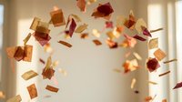 Autumn leaves falling in warm sunlight creating magical seasonal atmosphere with golden and red foliage floating through air in cozy indoor setting.