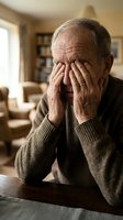 Senior Caucasian man experiencing headache holding head in hands at home showing stress fatigue and mental health struggles in warm living room setting.
