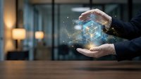 Businessman hands protecting glowing digital cube with network connections and data visualization in modern office environment for technology concepts.