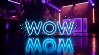 Bright neon WOW sign with glowing blue letters reflecting on glossy floor in modern party venue with purple ambient lighting and festive balloons.