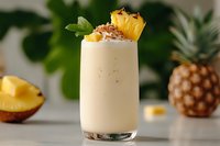 Creamy pineapple smoothie topped with fresh fruit chunks and granola in tall glass. Tropical drink garnished with mango slice against blurred background.