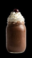 Chocolate milkshake in a mason jar topped with whipped cream and a cherry, isolated on transparent background, for menus, stickers, and t-shirt design.