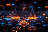 Digital justice scales glowing in orange and blue on circuit board background with bokeh lights, symbolizing legal technology and cyber law concept.