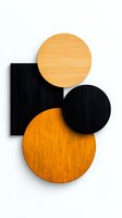 Minimalist geometric composition with wooden circles and rectangle in black and orange tones on white background, creating depth through shadows and layering.