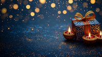 Festive diwali oil lamps with decorative gift box against dark background with glowing bokeh lights and copy space. Traditional holiday celebration.