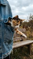Calico kitten peeking from denim jacket pocket outdoors with blurred garden background, perfect for pet and lifestyle content.