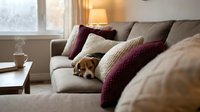 Cozy living room interior with beagle dog sleeping on gray sofa with burgundy pillows, warm lighting and coffee table for home decor concepts.