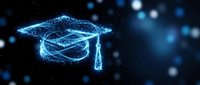 Digital graduation cap made of glowing blue particles and wireframe lines against dark background with bokeh lights for education technology concepts.
