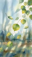 Watercolor autumn leaves falling gently in soft morning light with dreamy forest background. Peaceful seasonal nature scene for meditation and wellness designs.