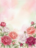 Watercolor peony flowers frame with soft pink gradient background for wedding invitations, greeting cards and romantic design projects.
