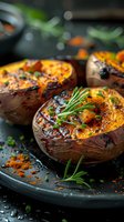 Grilled sweet potatoes with fresh herbs and spices on dark plate. Close-up macro food photography perfect for restaurant menu, cooking blog or healthy eating concept.