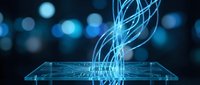Digital holographic projection emerging from futuristic tablet device with glowing blue light streams and bokeh background for technology concepts.
