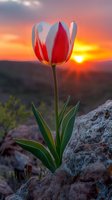 Red and white tulip blooming on rocky terrain at sunset with golden sky, perfect for nature, spring, and landscape design projects.