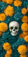 Sugar skull with ornate details surrounded by vibrant yellow marigolds and teal flowers, celebrating Day of the Dead traditions against dark background.