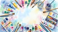 Overhead view of colorful art supplies arranged in circle on watercolor background, including paintbrushes, tubes, palettes and jars. Ideal for creative projects, design work and artistic endeavors.
