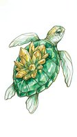 Watercolor illustration of a sea turtle with golden flower blooming on its shell, isolated on white background. Perfect for eco-friendly designs and nature-themed projects.