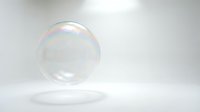 Single transparent soap bubble floating above white surface with rainbow iridescent reflections and soft lighting for clean minimalist design concepts.