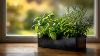 Fresh aromatic herbs growing in black concrete planter on windowsill with soft bokeh background, perfect for home cooking and kitchen decor.