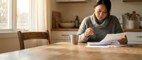 Young Asian woman in cozy sweater reviewing documents at wooden kitchen table with coffee mug, focused on paperwork in warm home interior setting.