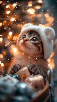 Adorable kitten wearing white winter hat against festive bokeh lights background, holding gift box with paws, magical holiday atmosphere with falling snow.