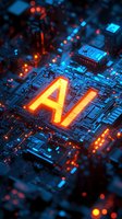 Glowing AI letters on circuit board with orange and blue neon lights, electronic components and microchips create futuristic technology background.