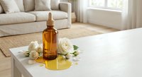 Essential oil dropper bottle with golden serum on white table surrounded by fresh roses in bright modern living room for skincare and wellness routines.