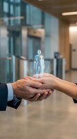 Business hands holding holographic human figure in modern office representing digital transformation and human resources technology solutions.