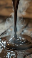 Melted dark chocolate pouring from spoon with steam rising, creating glossy pooling liquid on rustic surface for culinary and food styling projects.