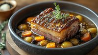 Succulent braised pork belly with crispy skin served in dark broth with baby potatoes, carrots and fresh herbs in rustic ceramic bowl. Restaurant quality dish.