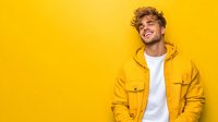 Young Caucasian man with curly blonde hair wearing yellow jacket and white t-shirt laughing against vibrant yellow background, expressing genuine joy and happiness.