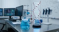 Modern laboratory workspace with DNA model, computer monitors, and scientific equipment for biotechnology research and genetic analysis.