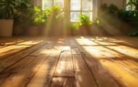 Sunlit wooden floor with natural light streaming through window, casting dramatic shadows from houseplants. Warm morning atmosphere with golden sunbeams creates cozy home ambiance.