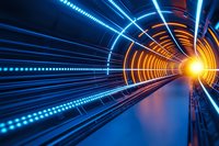 Abstract tunnel with glowing blue and orange light trails leading to bright point. Dynamic perspective view through futuristic corridor with illuminated geometric lines.