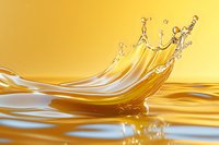 Dynamic liquid crown splash with golden waves and droplets against warm yellow background, captured in high-speed macro photography showing fluid motion and transparency.
