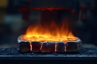 Glowing hot metal bar in forge with intense orange flames and heat, dramatic close-up showing metalworking process against dark background.