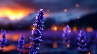 Purple lavender flowers against dramatic sunset sky with glowing bokeh lights and magical atmosphere, creating dreamy nature photography for wellness and spa designs.