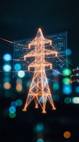 Glowing electrical transmission tower with digital blueprint overlay and colorful bokeh lights for energy infrastructure and smart grid technology concepts.