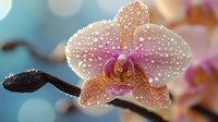 Fresh orchid bloom with water droplets on cream-colored petals featuring pink center and dark stem against soft blurred background, macro photography.