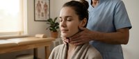 Young Caucasian woman receiving professional neck massage therapy from male therapist in modern wellness clinic for stress relief and relaxation.