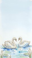 Pair of swans swimming together in calm water with watercolor style illustration, featuring soft blue tones and aquatic plants, suitable for nursery decor, greeting cards, and children's book illustrations.