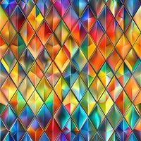 Vibrant diamond pattern with metallic gold lines creating geometric shapes in rainbow colors. Seamless repeat design for fabric, wallpaper and surface pattern applications.