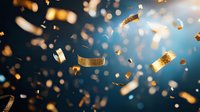 Golden confetti and ribbons falling against blue background with bokeh lights, creating festive celebration atmosphere for party or special event designs.