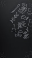 Science laboratory outline icons on dark background, featuring DNA, microscope, test tubes, beakers, centrifuge, and pipette for education.