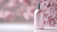 Pink cosmetic bottle with silver spray cap against soft floral background with delicate cherry blossoms, creating romantic spa and beauty atmosphere.