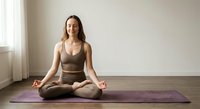 Young woman practicing yoga meditation in lotus pose on purple mat at home studio with natural light from window creating peaceful wellness atmosphere.