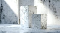 Weathered concrete blocks with peeling paint texture on industrial floor with dramatic sunlight shadows for modern architecture and construction projects.