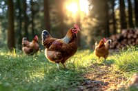 Free range chickens foraging in sunlit forest clearing with golden evening light streaming through trees, brown hens pecking at grass in natural farm setting.